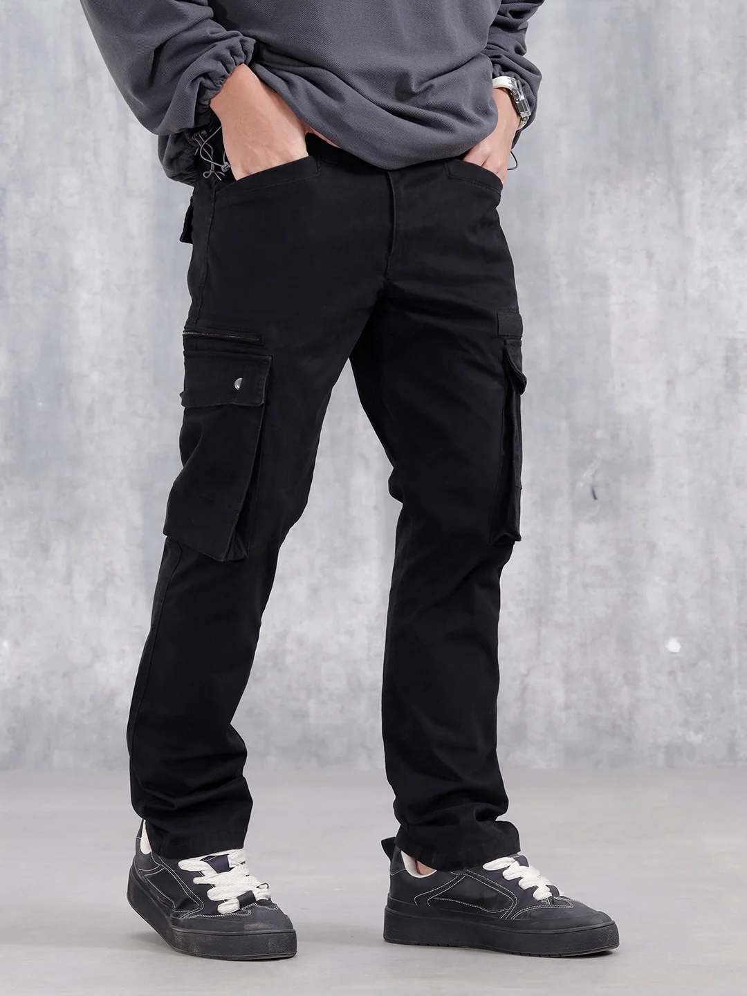 Straight Fit Cotton Twill Utility Trousers With Snap Pockets | Black - Image 4