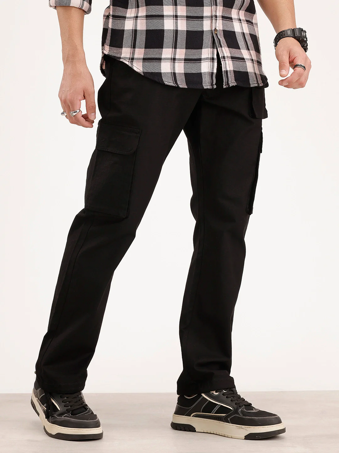 Straight Fit Textured Cargo Trouser | Black - Image 4