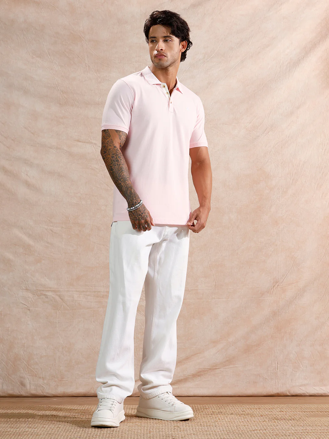 Striped Collar Slim Fit Polo T-Shirt | Light Pink - Image 2