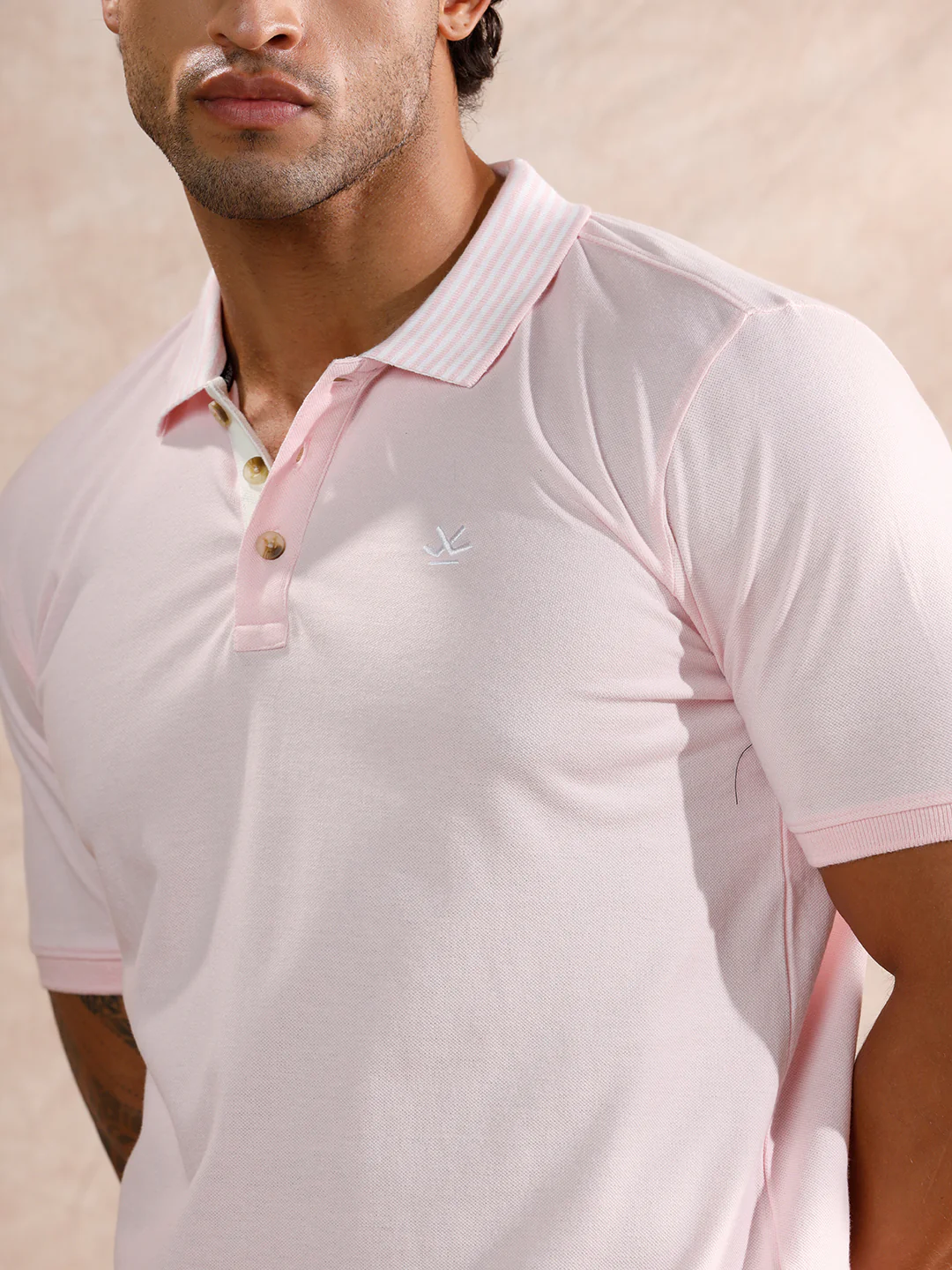 Striped Collar Slim Fit Polo T-Shirt | Light Pink - Image 5