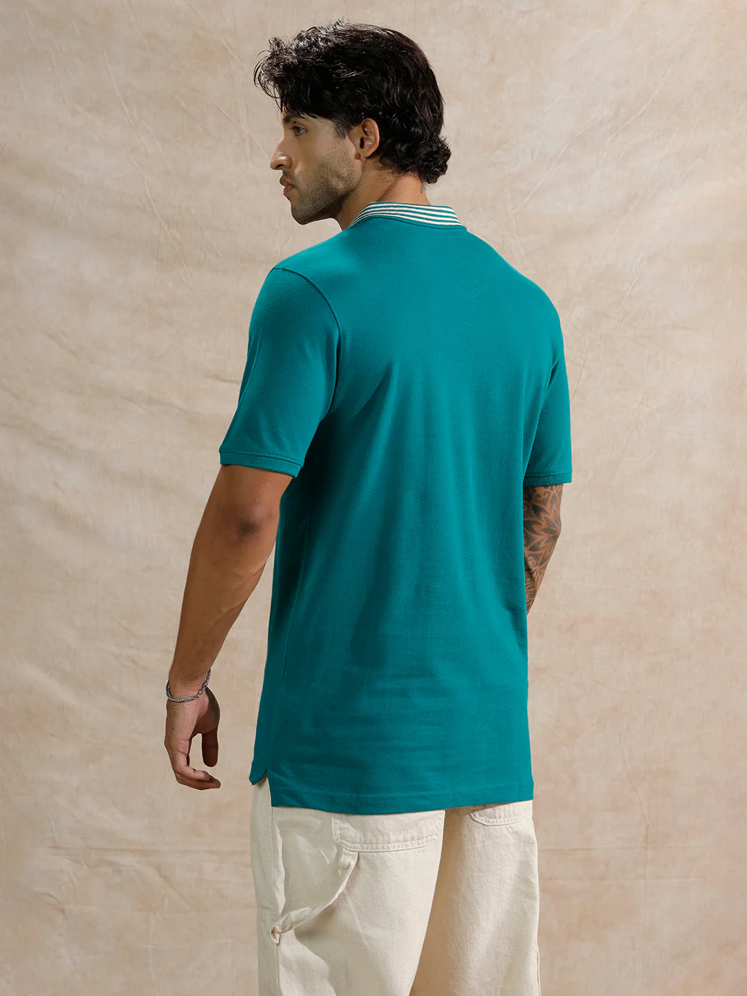 Striped Collar Slim Fit Polo T-Shirt | Teal - Image 3