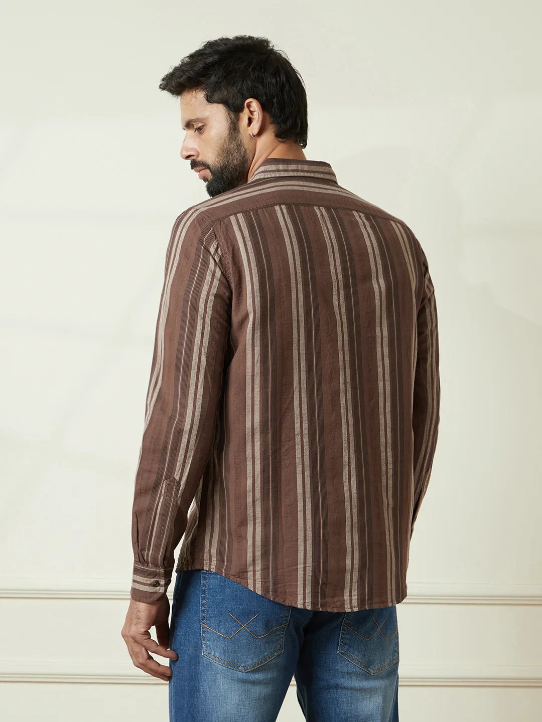 Striped Slim Fit Dobby Shirt | Brown - Image 3