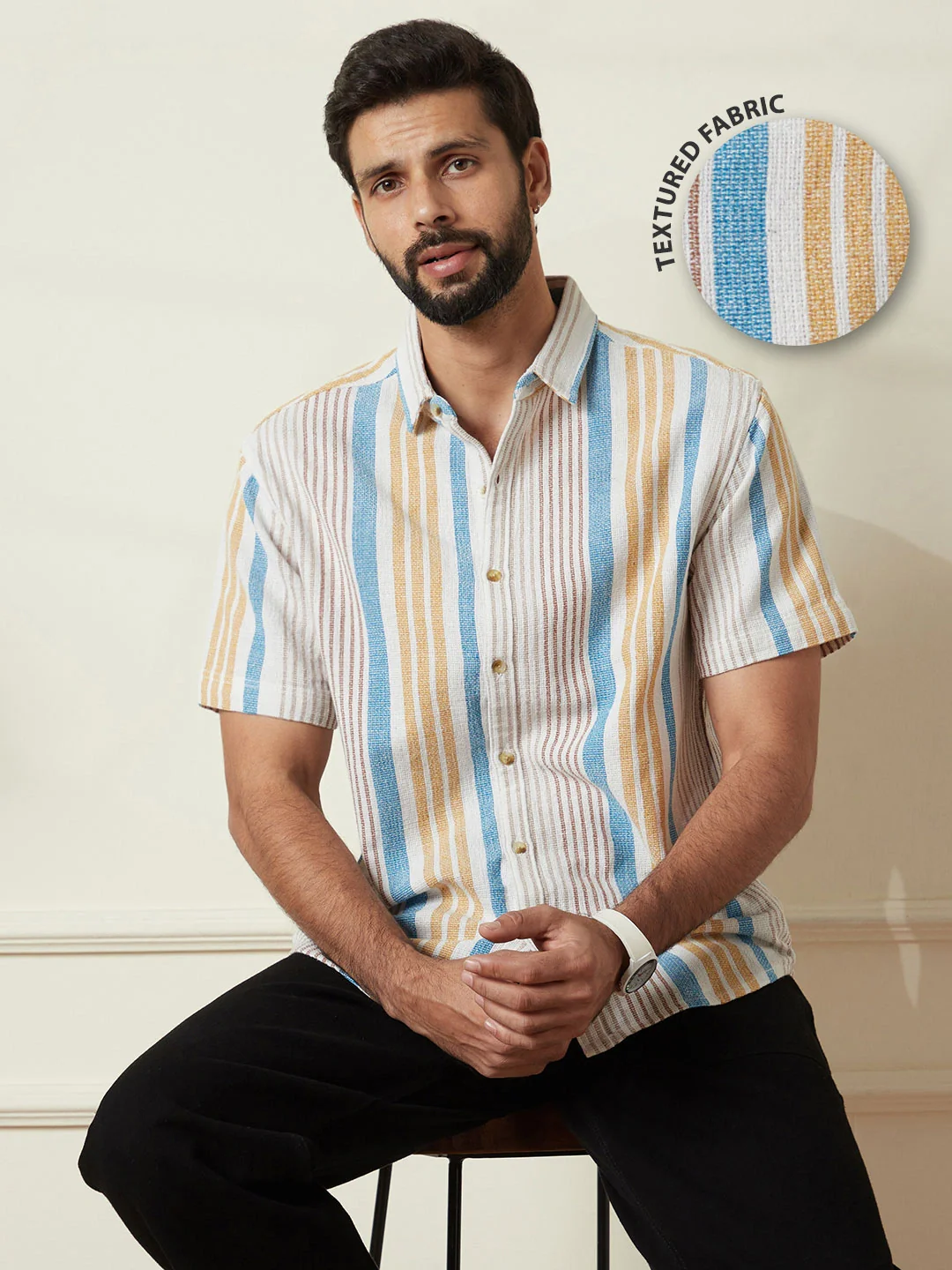 Striped Open Dobby Shirt | Beige - Image 2