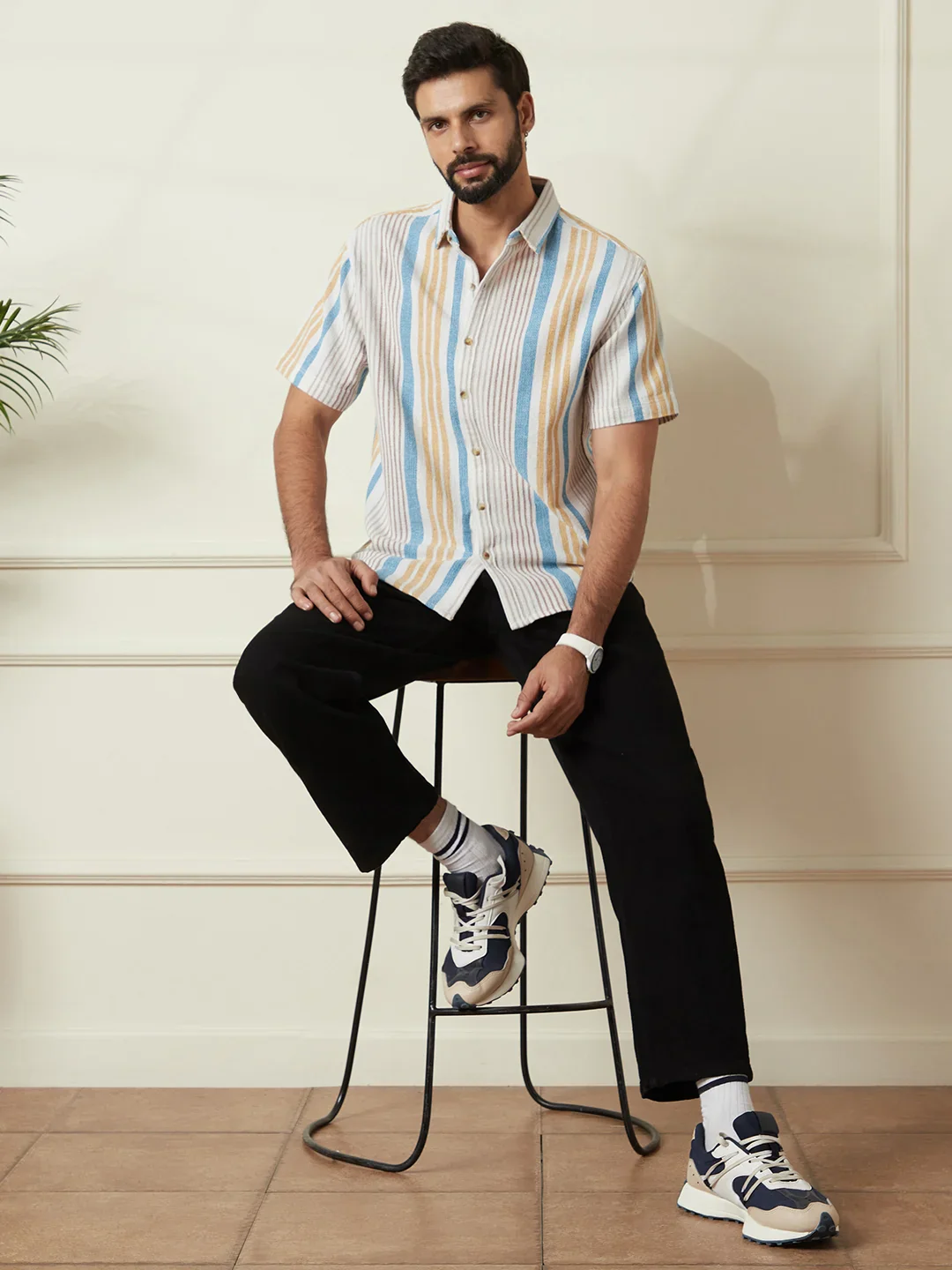 Striped Open Dobby Shirt | Beige - Image 3