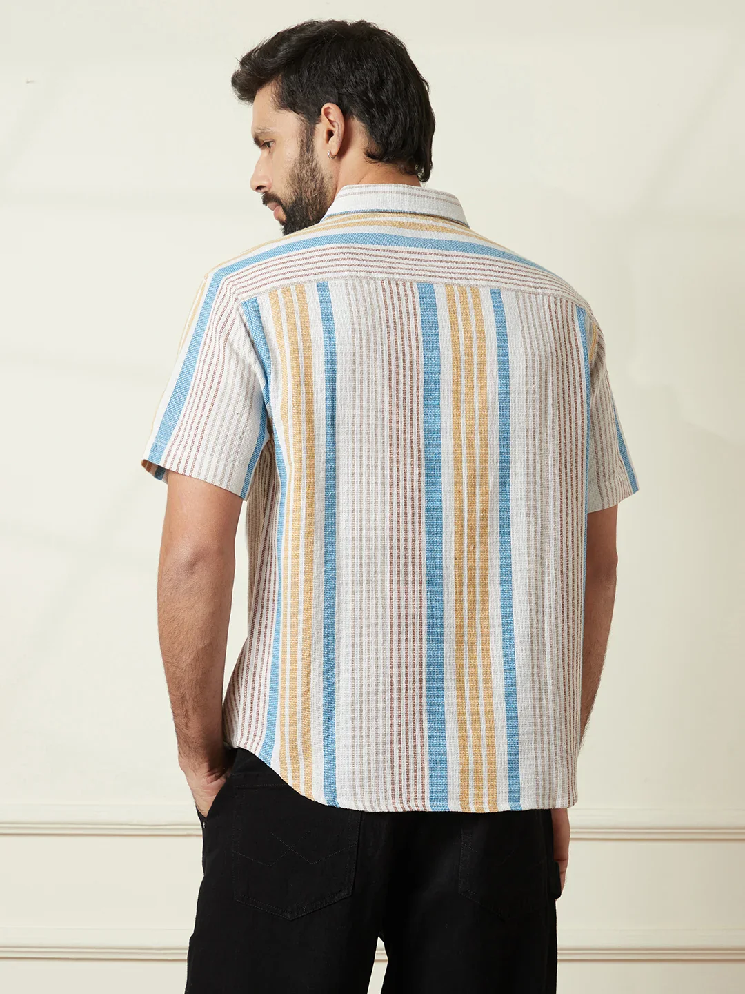 Striped Open Dobby Shirt | Beige - Image 4