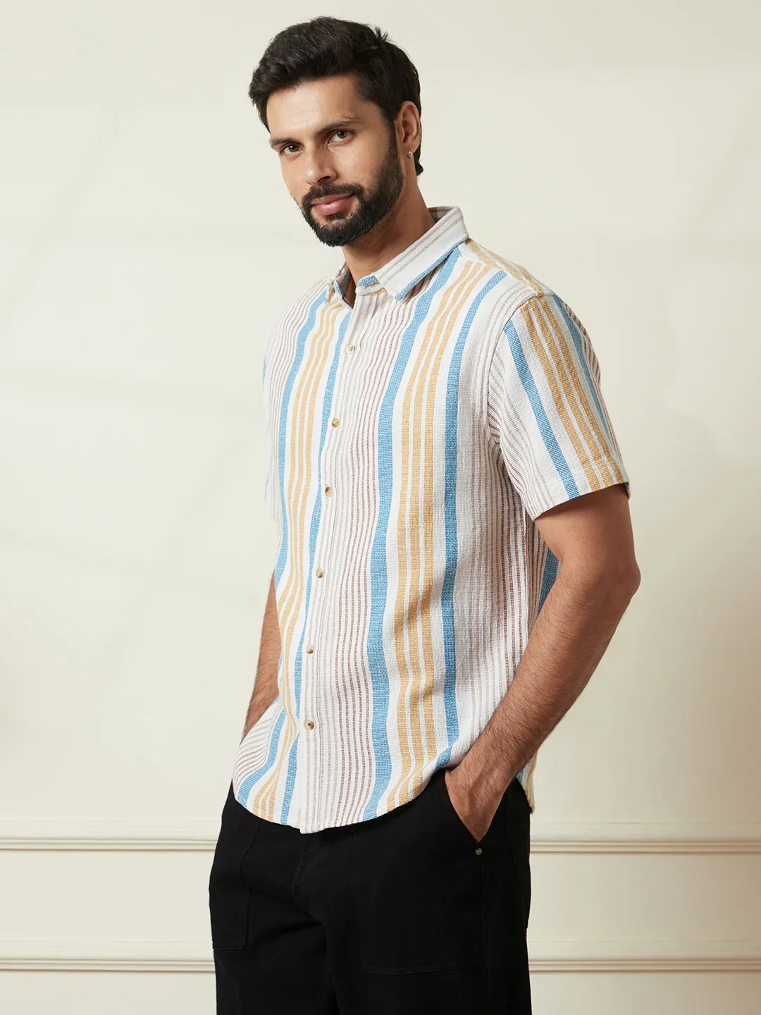 Striped Open Dobby Shirt | Beige - Image 5