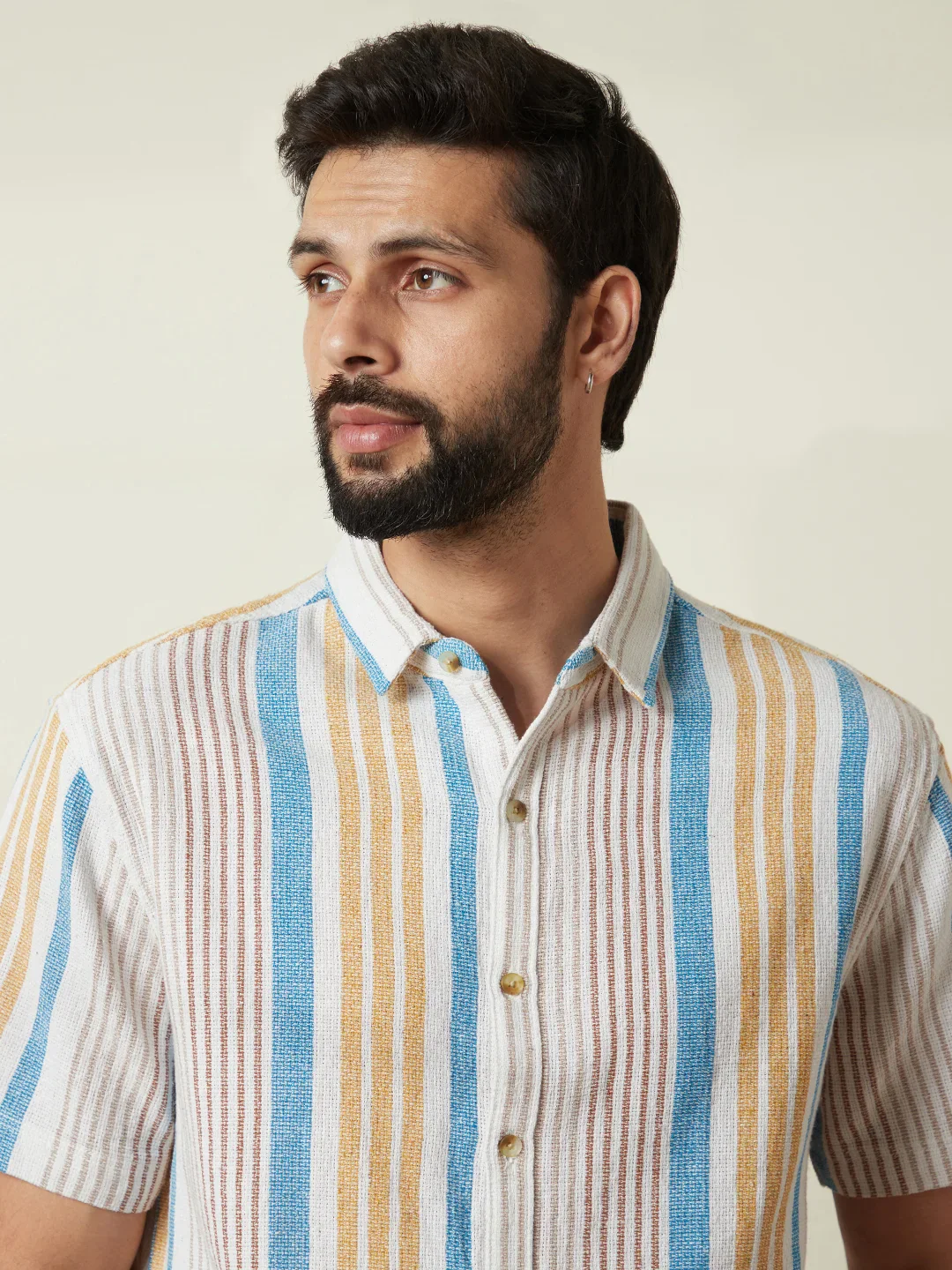 Striped Open Dobby Shirt | Beige - Image 6