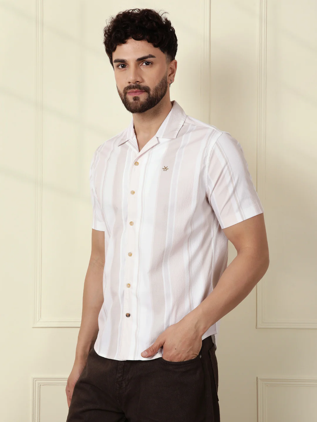 Printed Stripes Seersucker Shirt | Off White - Image 4