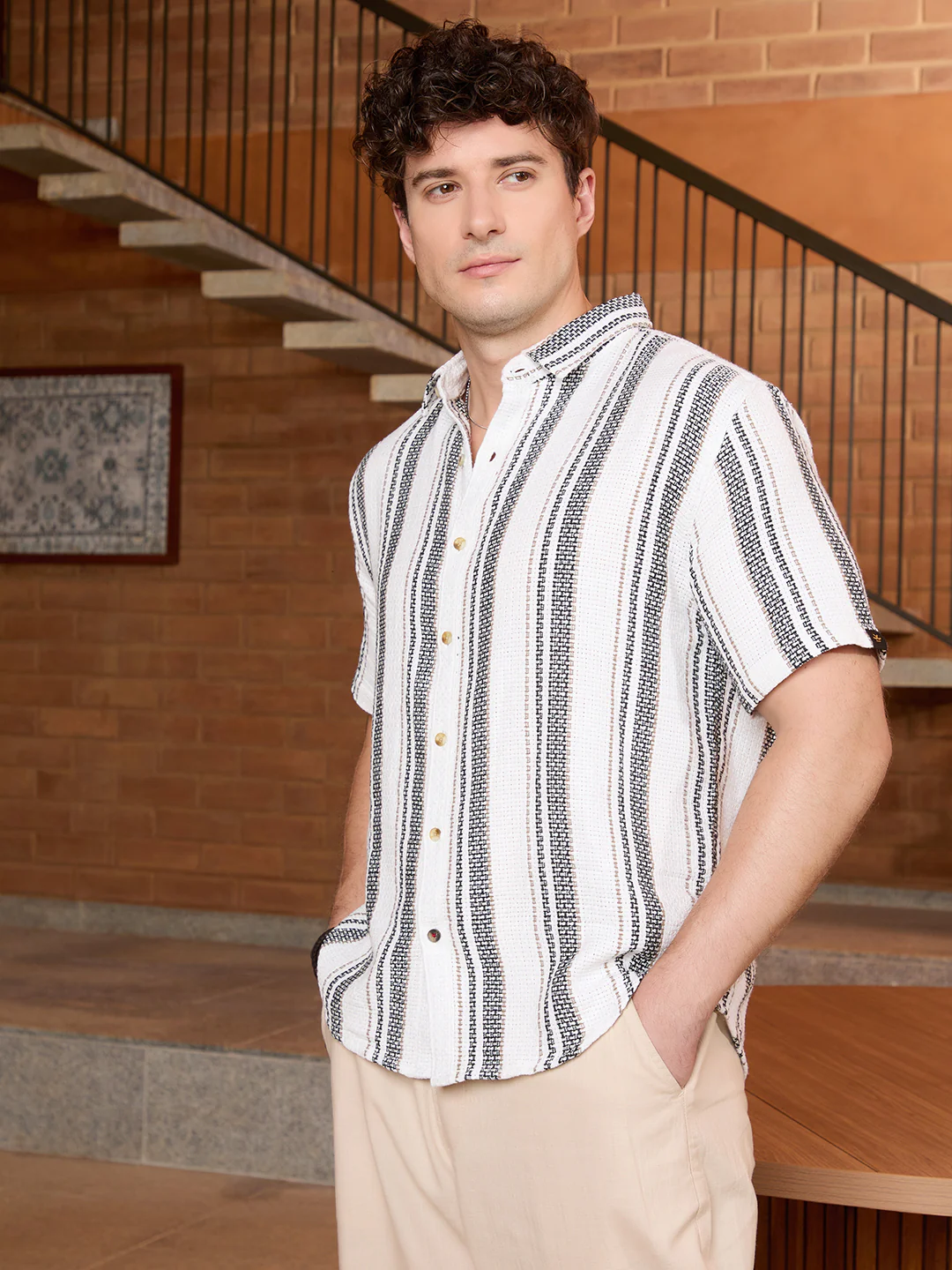 Striped Open Dobby Shirt | Off White - Image 4