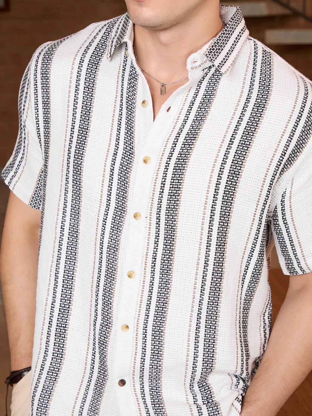 Striped Open Dobby Shirt | Off White - Image 5
