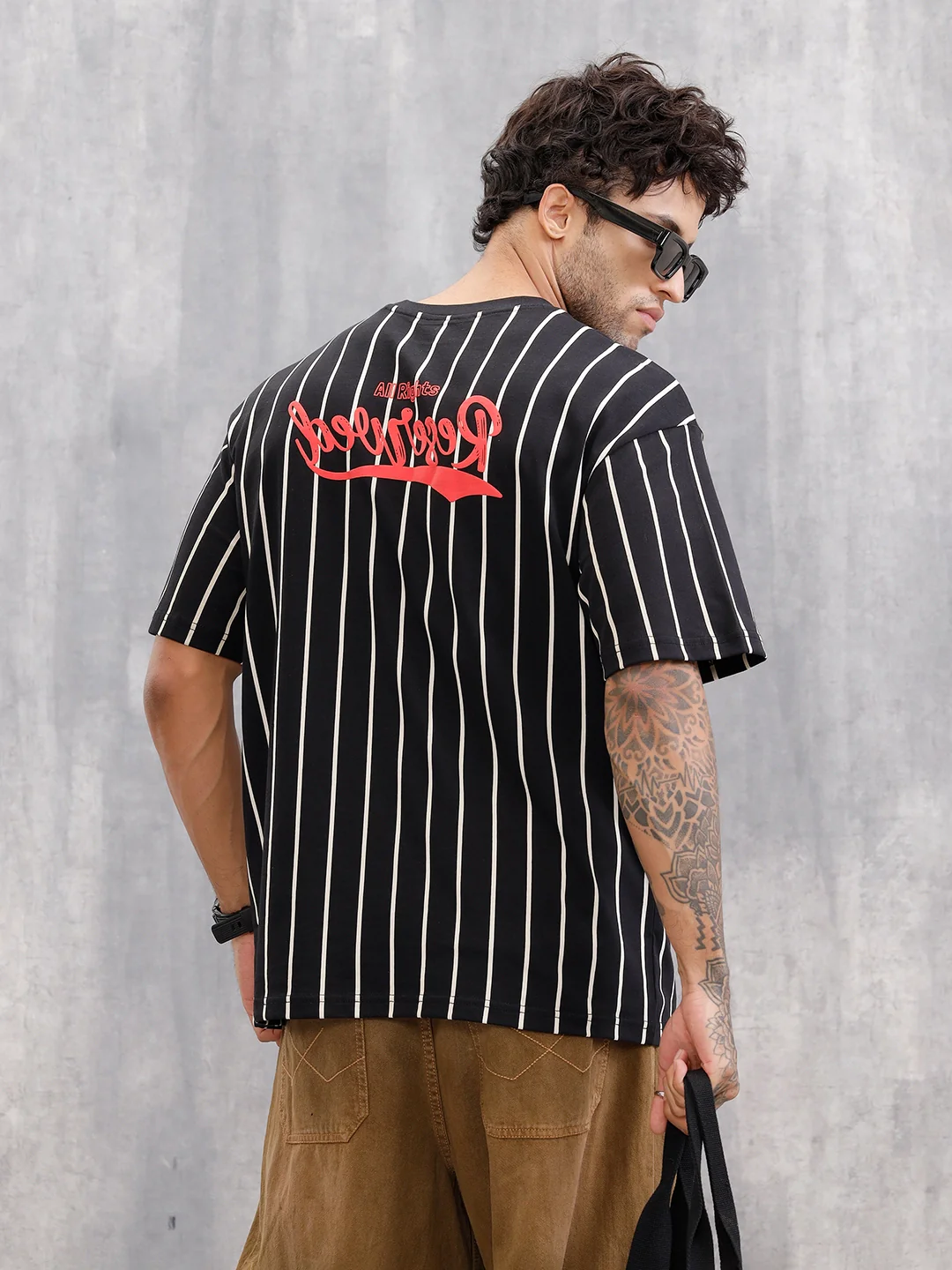 Striped Oversized Fit T-shirt With Puff Print | Black - Image 11
