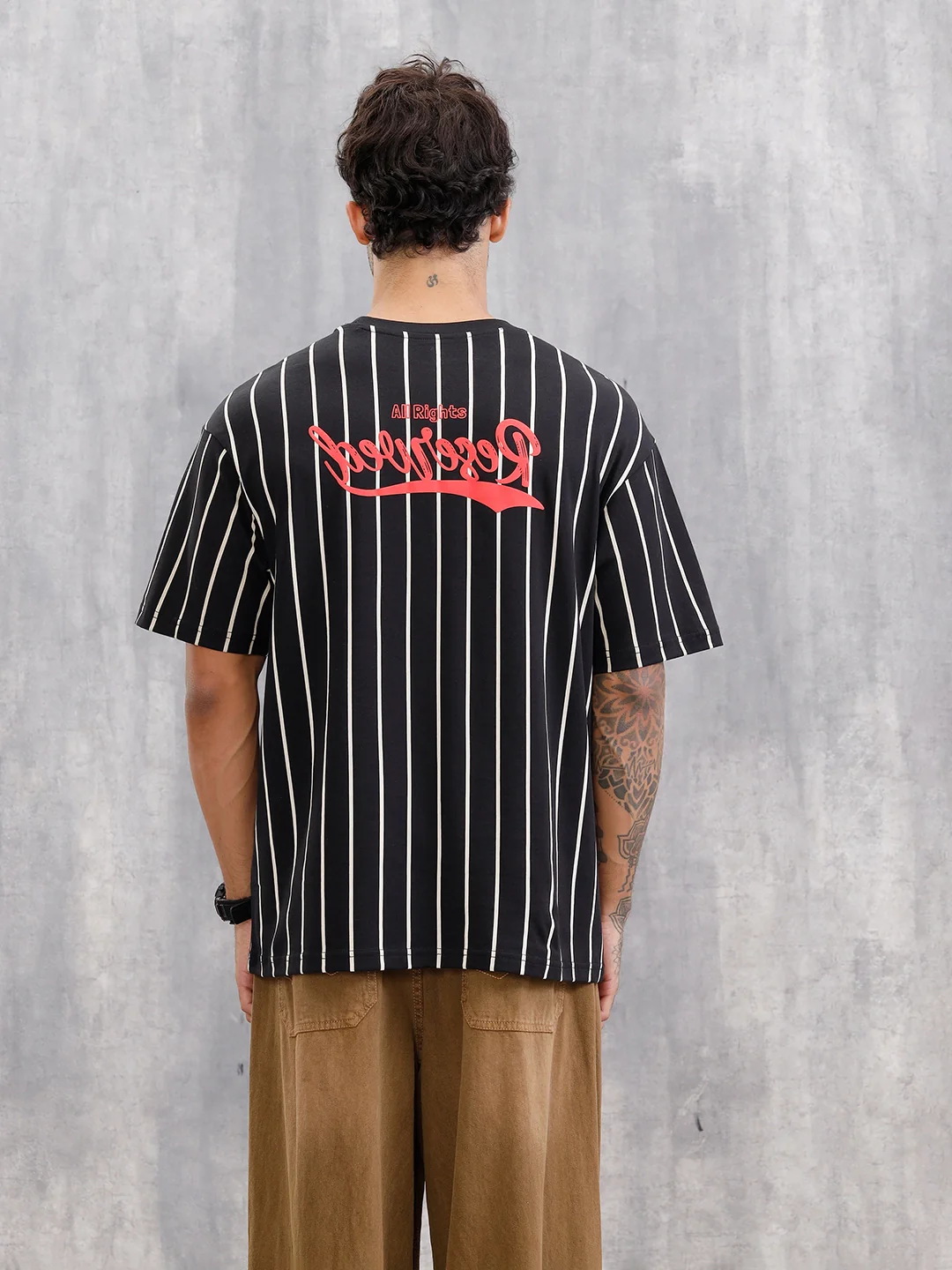Striped Oversized Fit T-shirt With Puff Print | Black - Image 4