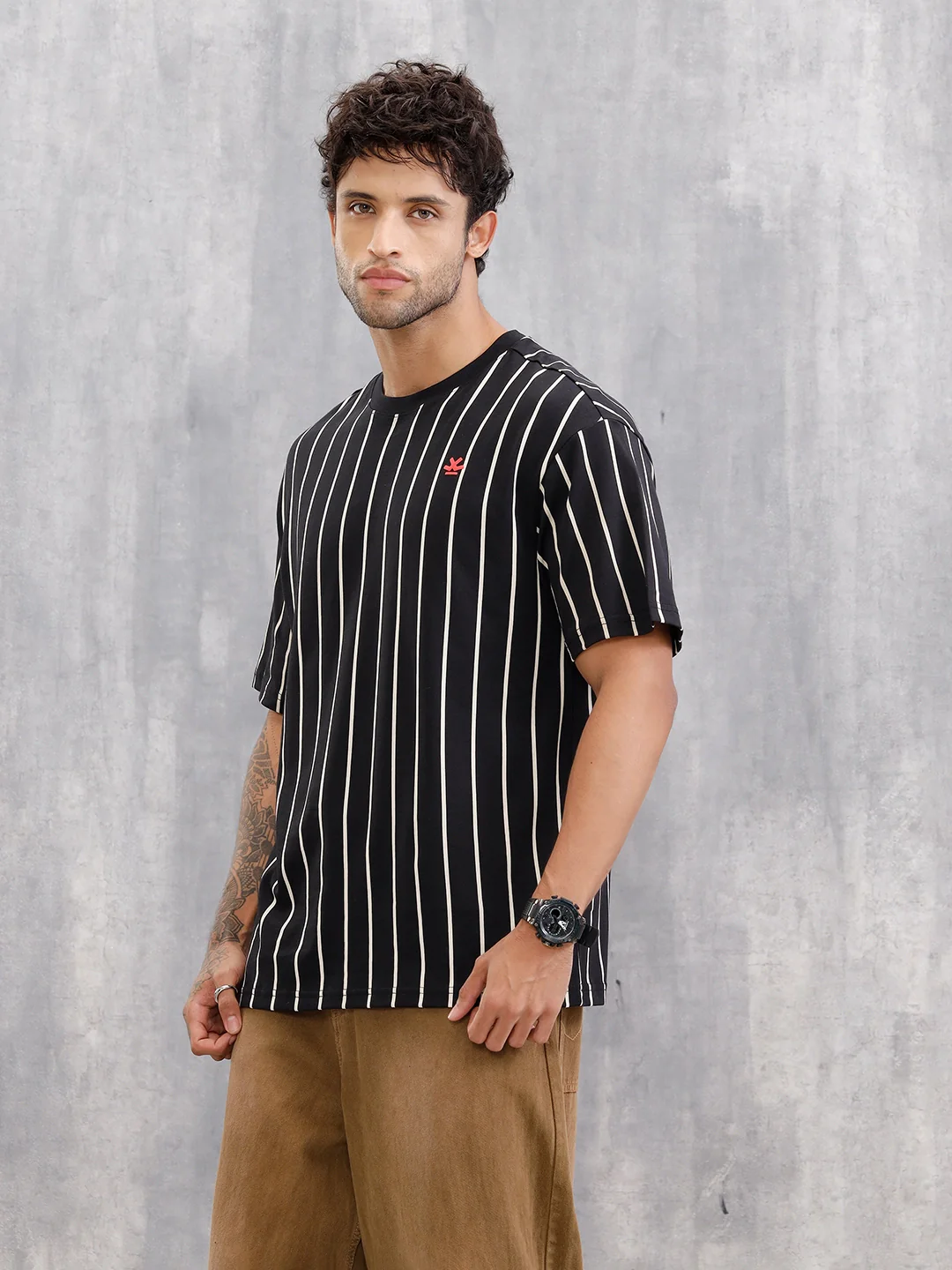 Striped Oversized Fit T-shirt With Puff Print | Black - Image 5