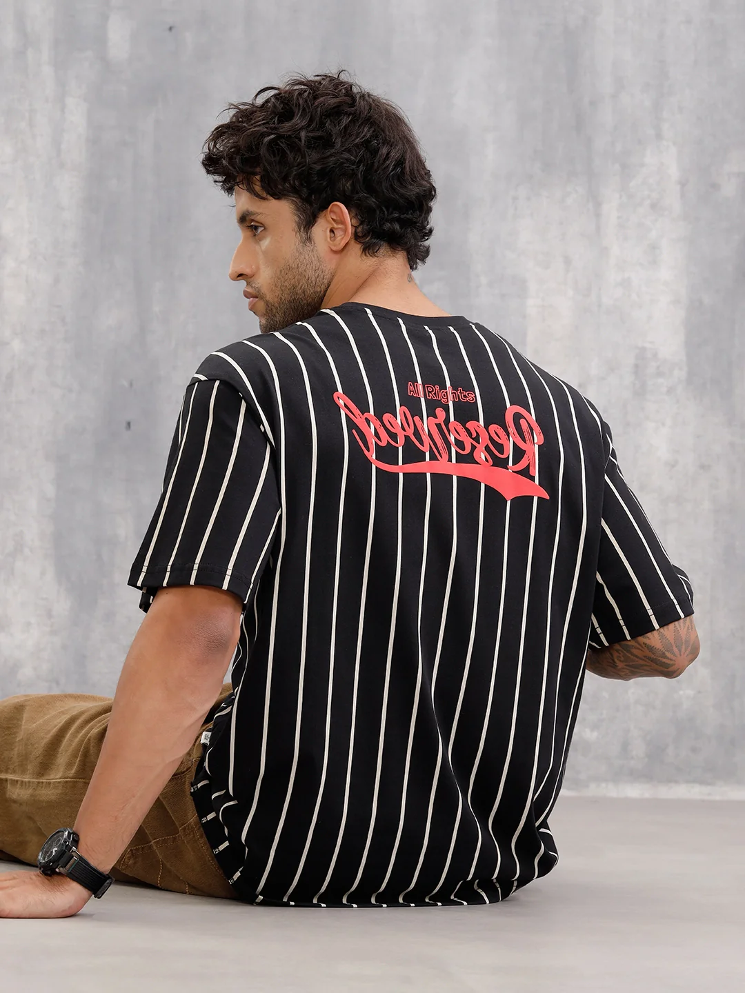 Striped Oversized Fit T-shirt With Puff Print | Black - Image 6