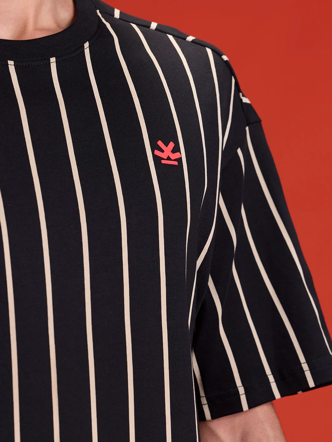 Striped Oversized Fit T-shirt With Puff Print | Black - Image 8
