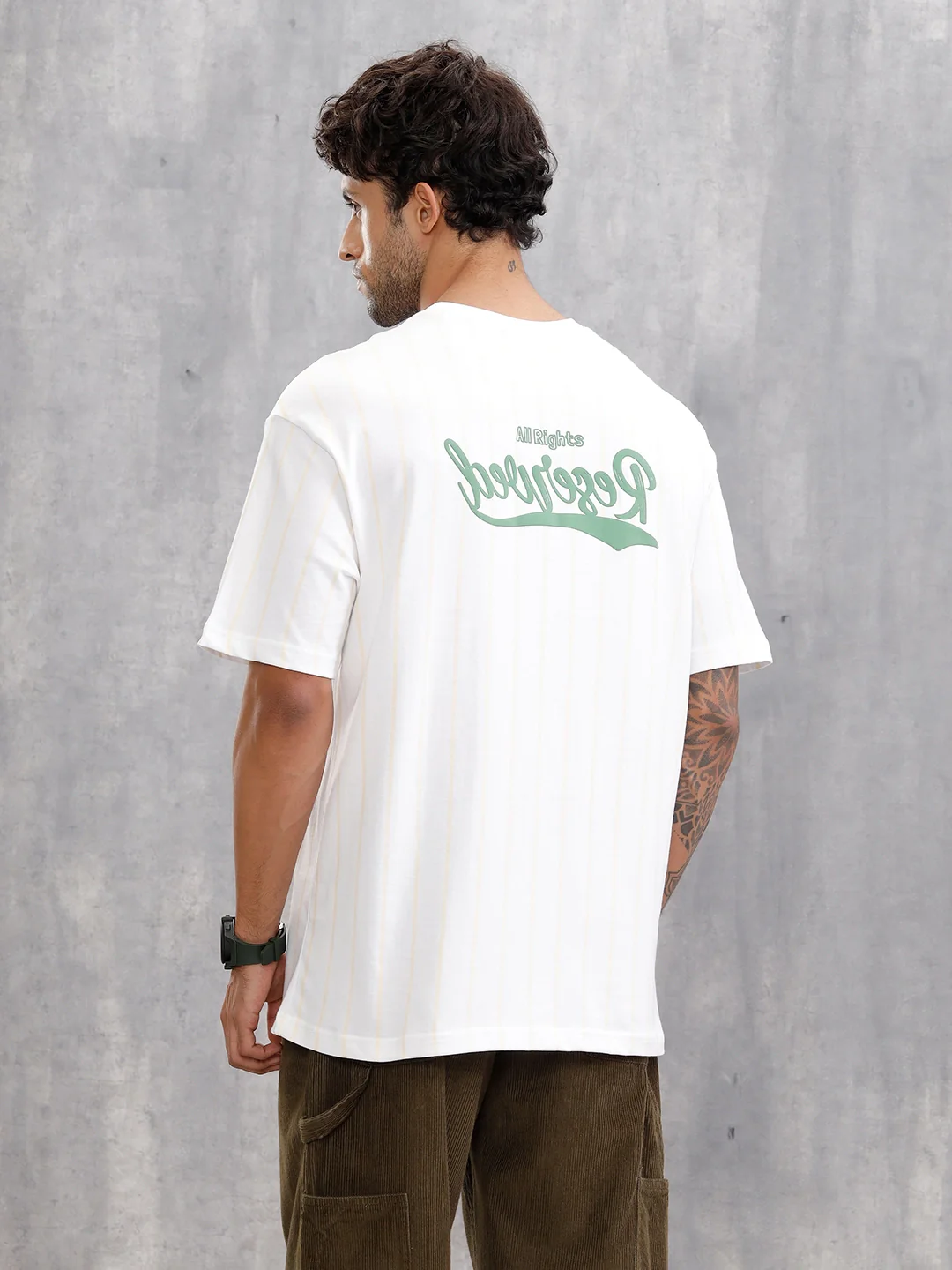 Striped Oversized Fit T-shirt With Puff Print | White - Image 3