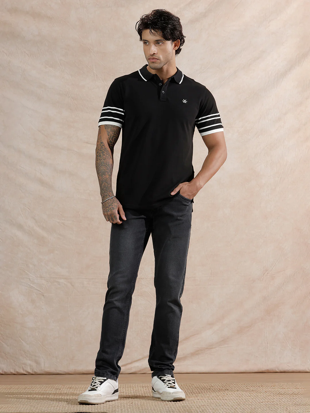 Striped Sleeve Polo T-Shirt | Black - Image 2