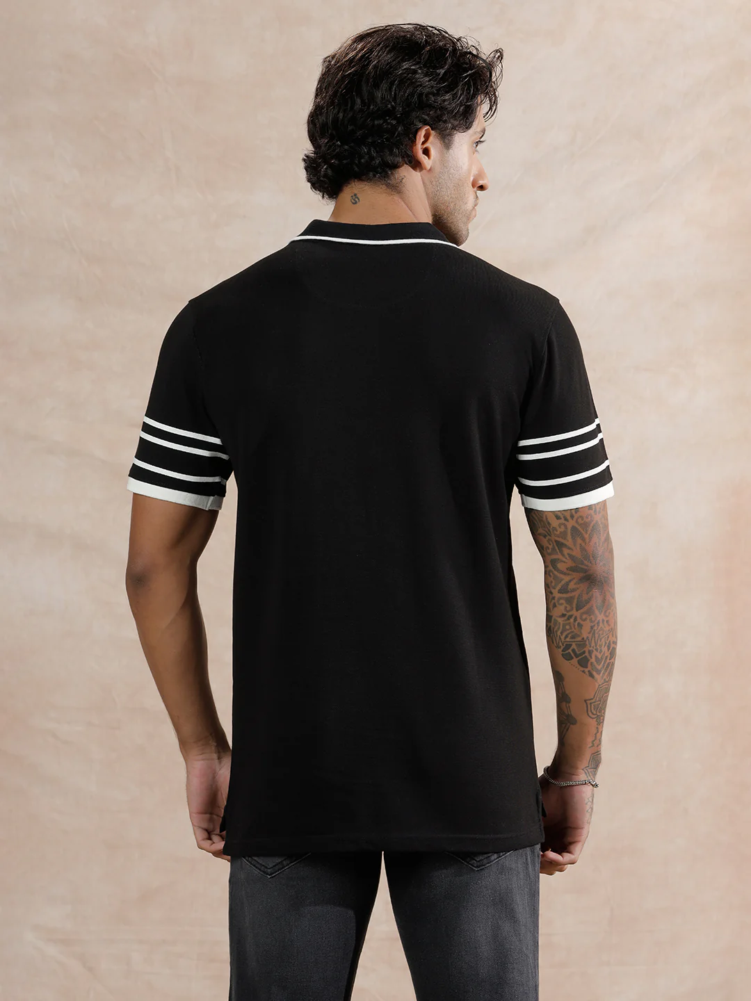 Striped Sleeve Polo T-Shirt | Black - Image 3