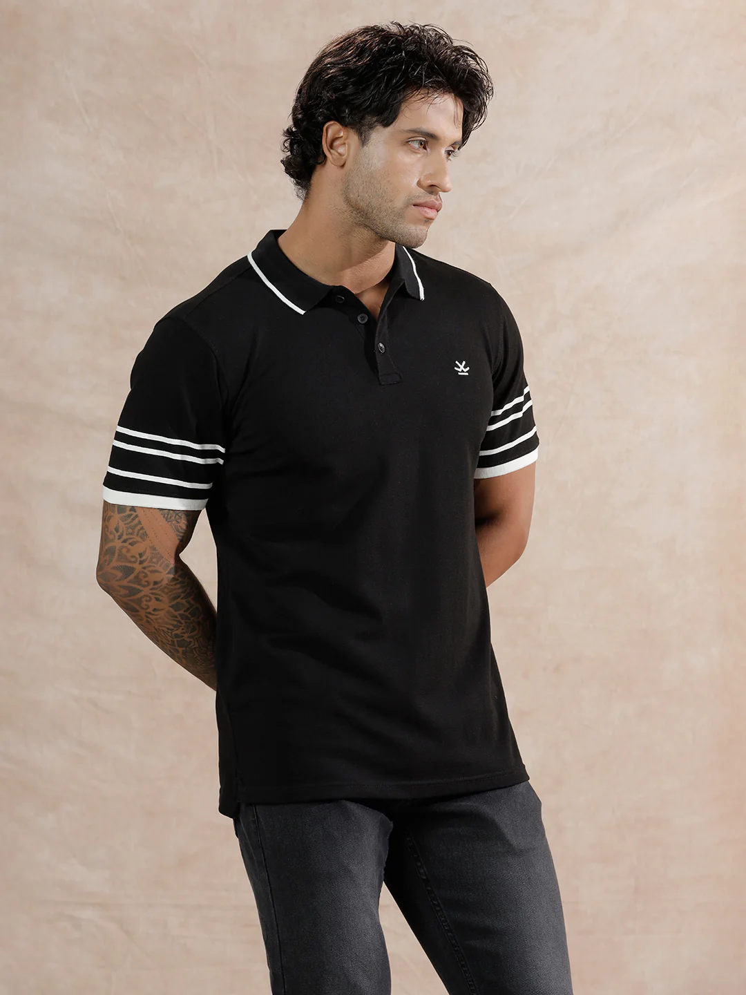 Striped Sleeve Polo T-Shirt | Black - Image 4