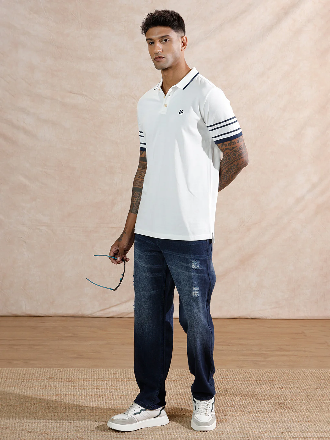 Striped Sleeve Polo T-Shirt | White - Image 2