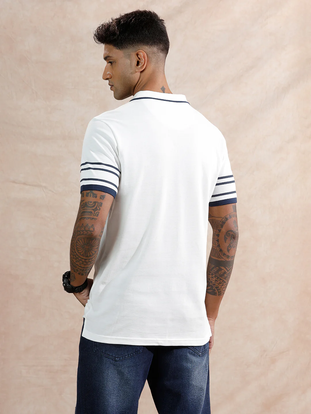 Striped Sleeve Polo T-Shirt | White - Image 3