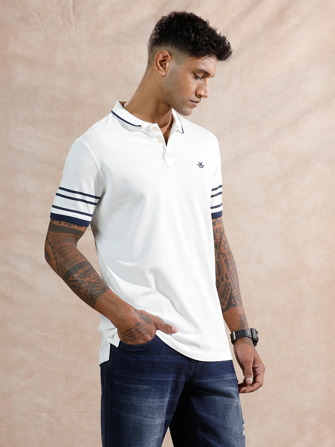 Striped Sleeve Polo T-Shirt | White - Image 4