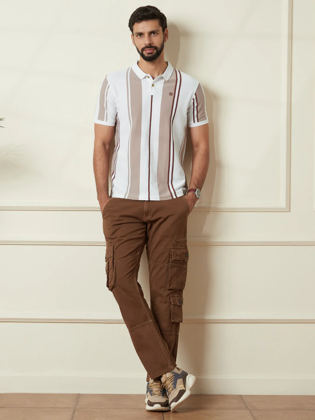 Striped Slim Fit Polo T-Shirt in Off White - Image 2