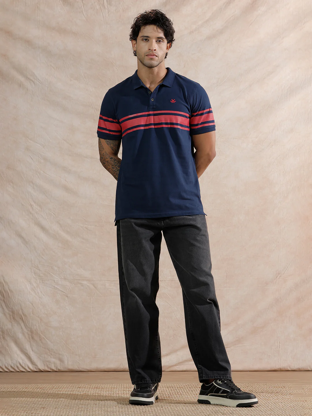 Striped Slim Fit Polo T-Shirt  | Navy Blue - Image 2