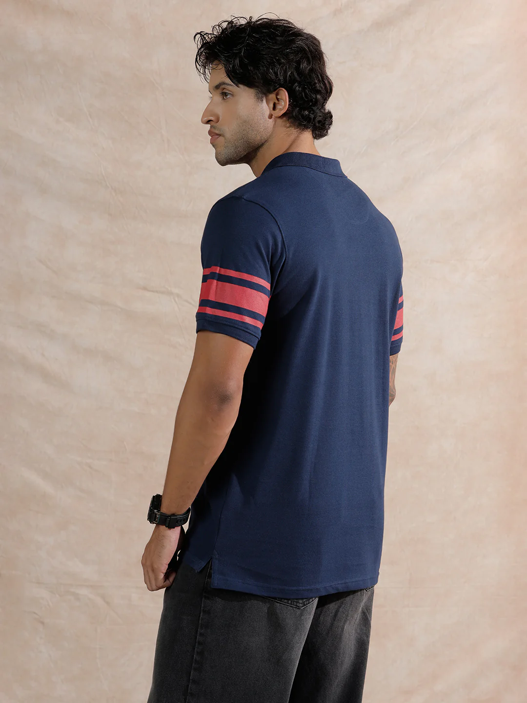 Striped Slim Fit Polo T-Shirt  | Navy Blue - Image 3