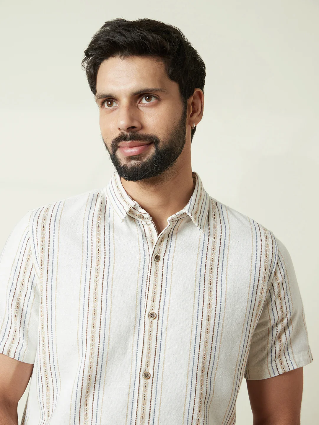 Striped Short Sleeve Textured Shirt  | Off White - Image 5