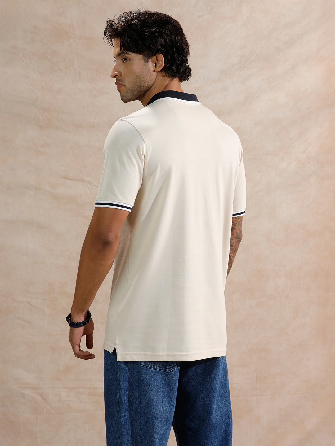 Stripped Collar Slim Fit Polo T-Shirt | Beige - Image 3