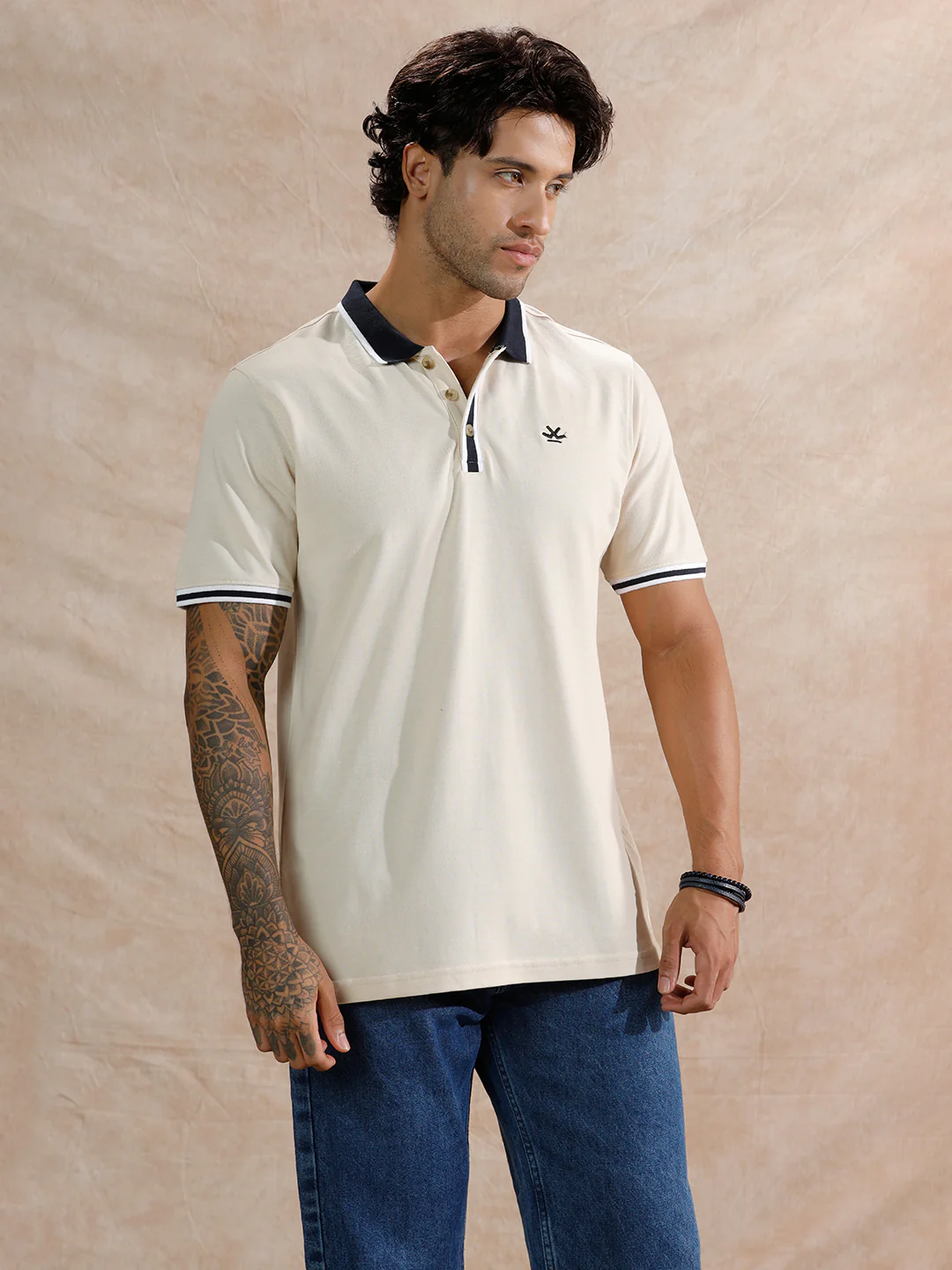 Stripped Collar Slim Fit Polo T-Shirt | Beige - Image 4