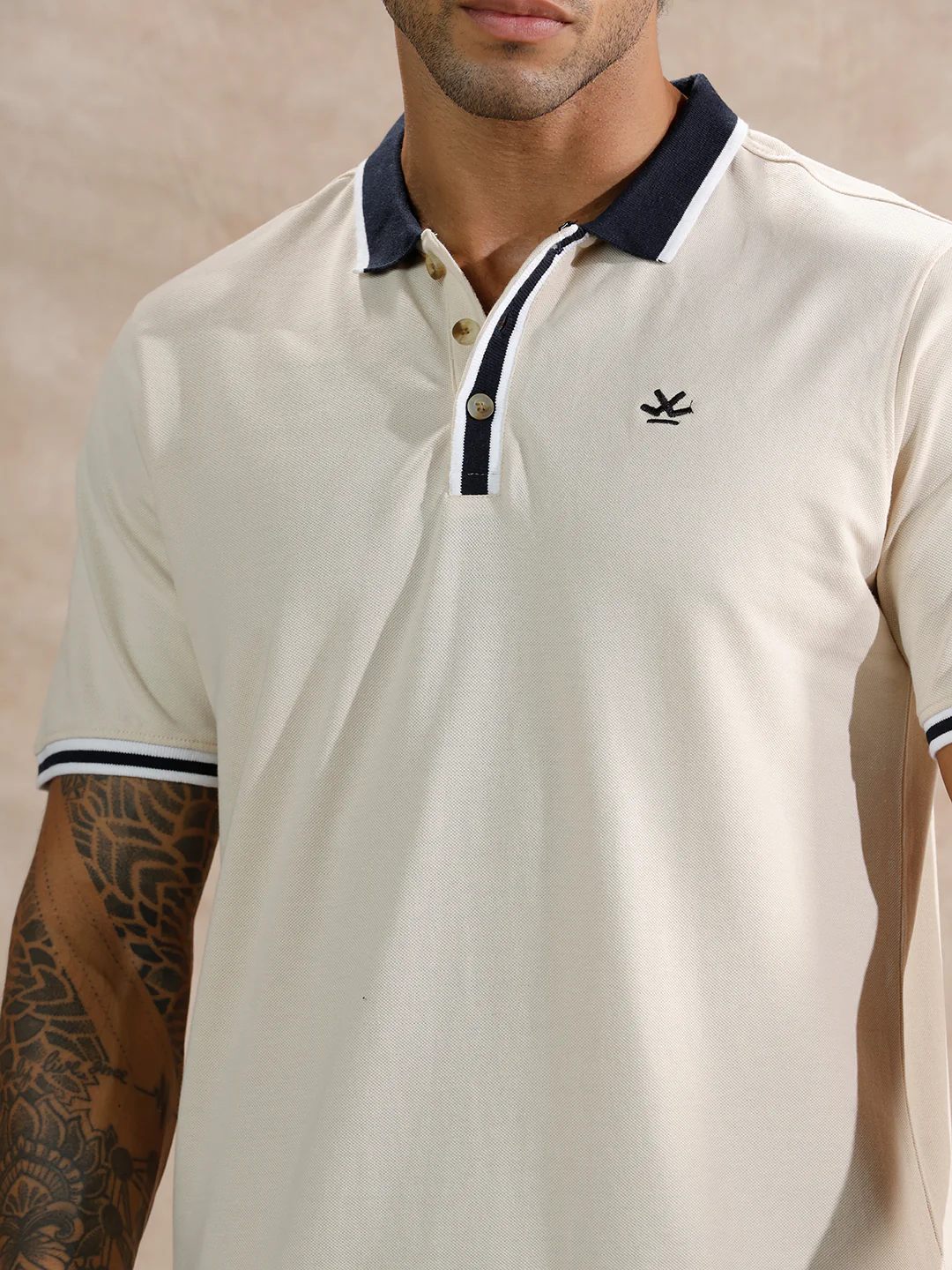 Stripped Collar Slim Fit Polo T-Shirt | Beige - Image 5