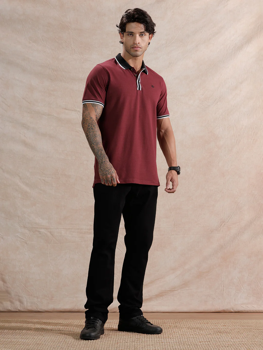 Stripped Collar Slim Fit Polo T-Shirt | Maroon - Image 2