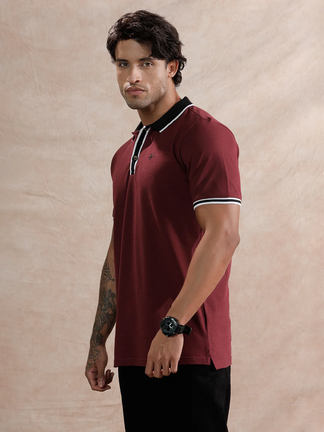 Stripped Collar Slim Fit Polo T-Shirt | Maroon - Image 4