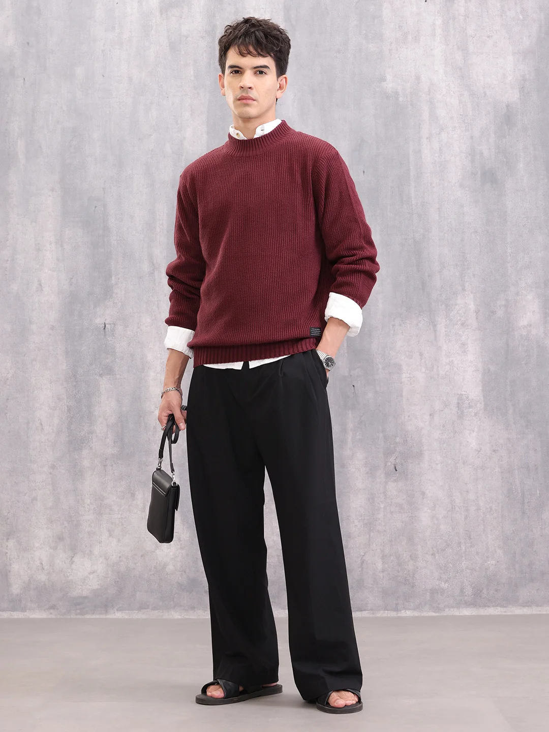 Structured Round Neck Comfort Fit Pullover | Wine - Image 2