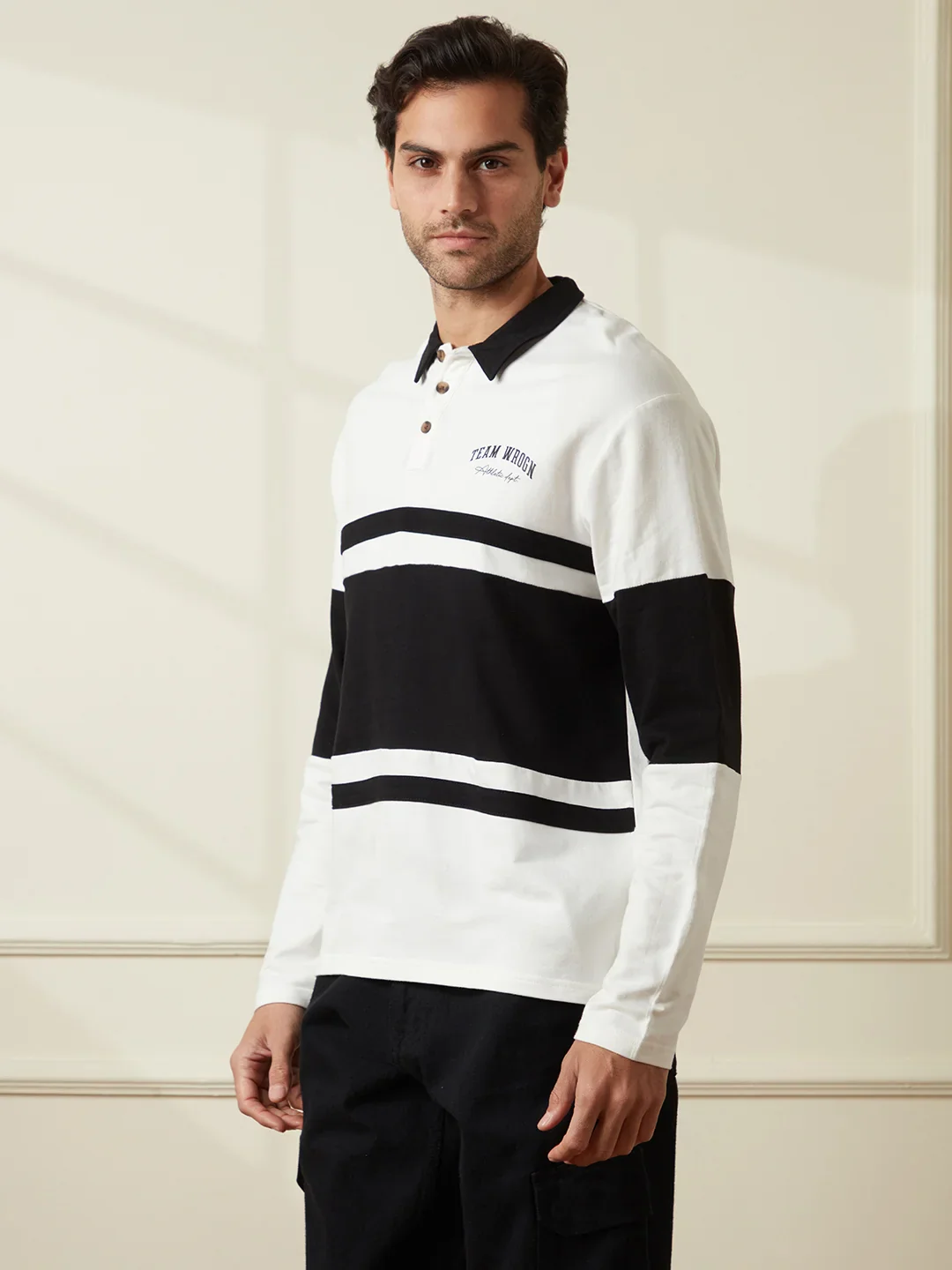 Colour Blocked Varsity Polo T-Shirt | Off White - Image 5