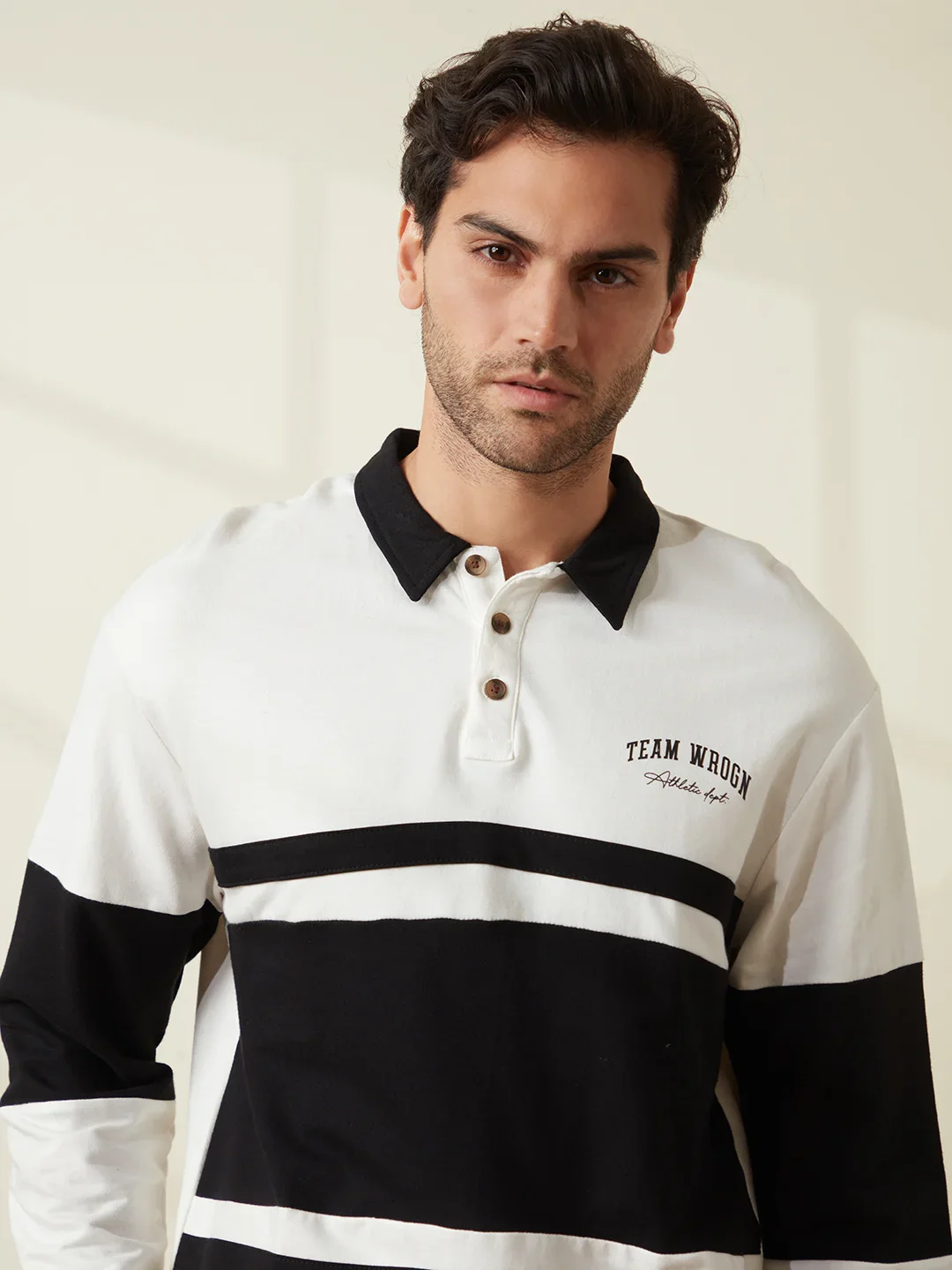 Colour Blocked Varsity Polo T-Shirt | Off White - Image 7
