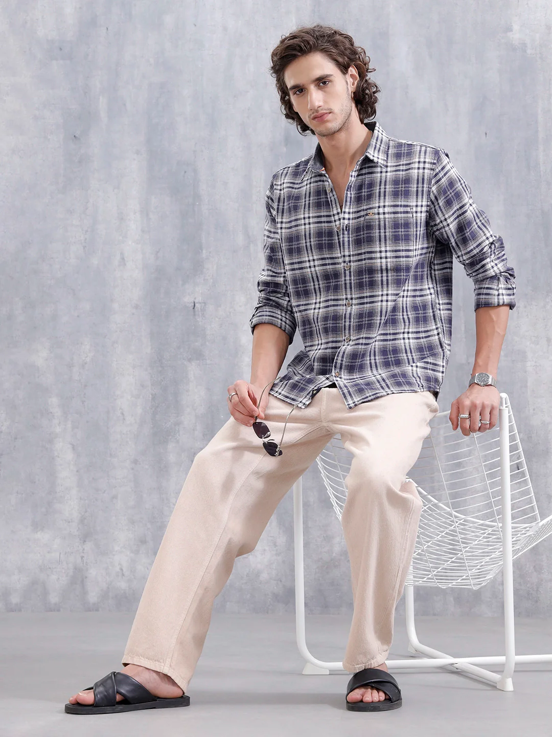 Textured Check Slim Fit Shirt | Navy Blue - Image 2