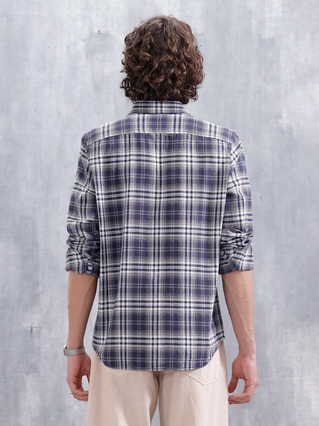 Textured Check Slim Fit Shirt | Navy Blue - Image 3