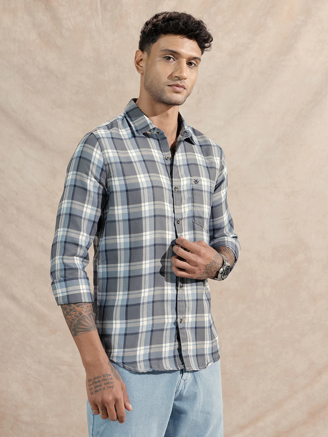 Textured Checked Shirt | Grey - Image 4