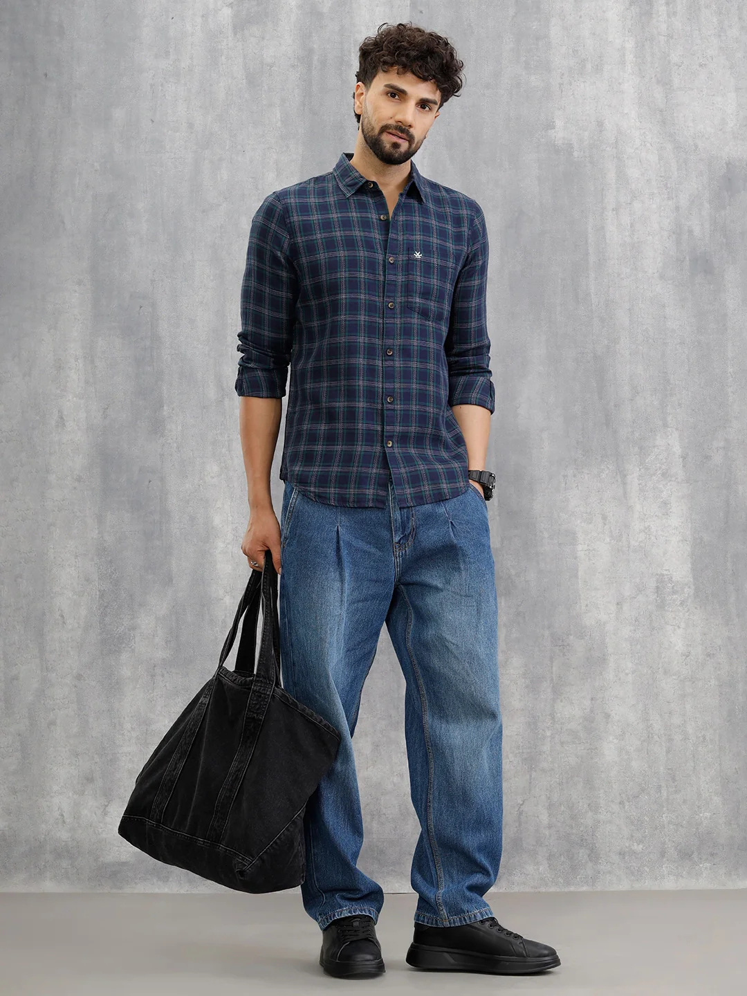 Textured Checkered Cotton Shirt  | Navy Blue - Image 2