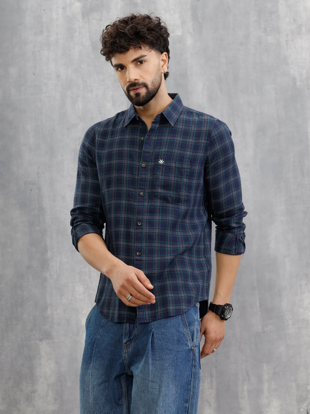 Textured Checkered Cotton Shirt  | Navy Blue - Image 5