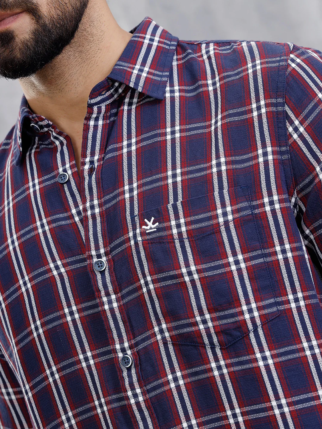 Textured Checkered Cotton Shirt | Navy Blue - Image 4