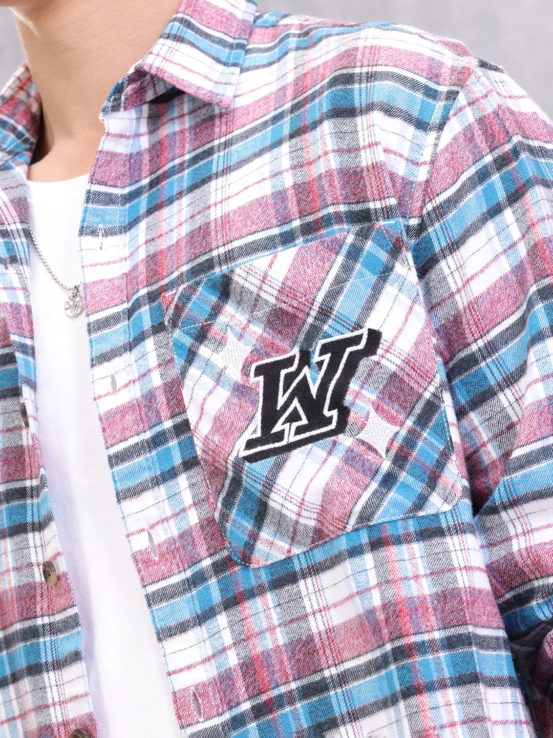 Textured Checkered Patchwork Shirt | Blue - Image 6