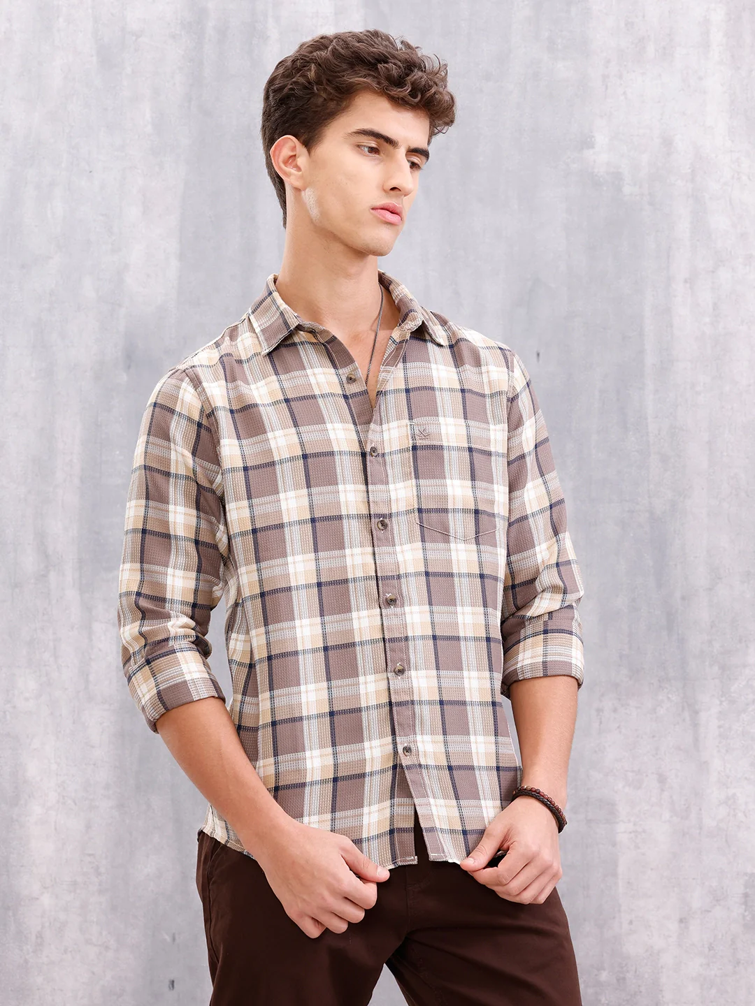 Textured Checkered Shirt | Brown - Image 4