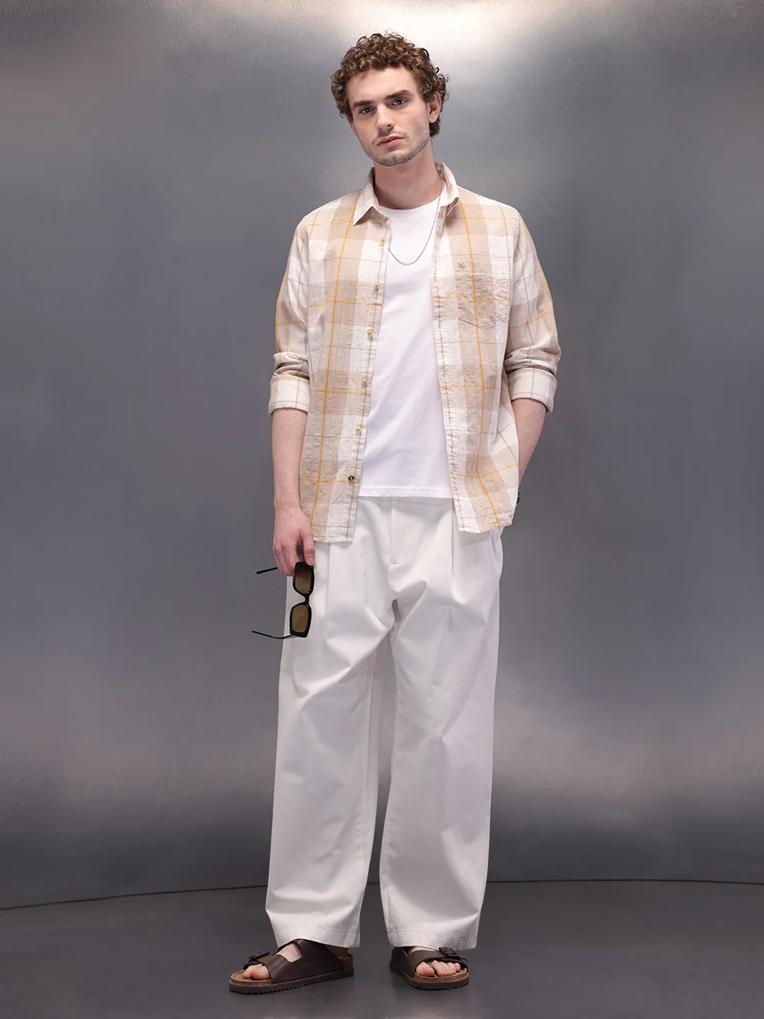 Textured Checkes Dobby Shirt  | Khaki - Image 2