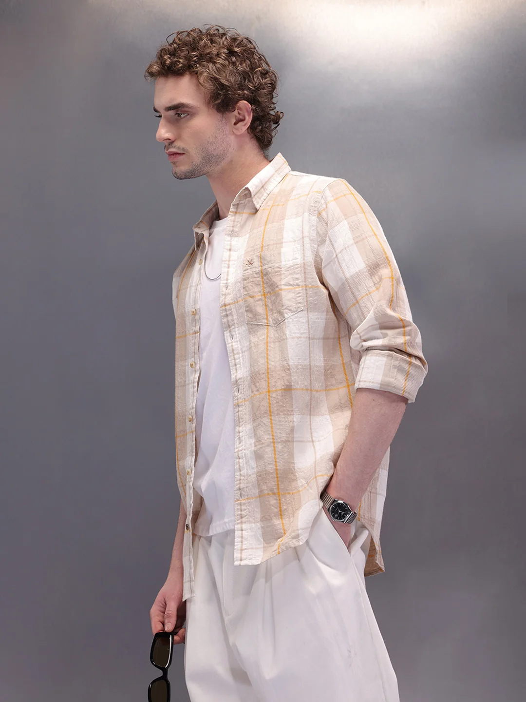 Textured Checkes Dobby Shirt  | Khaki - Image 4