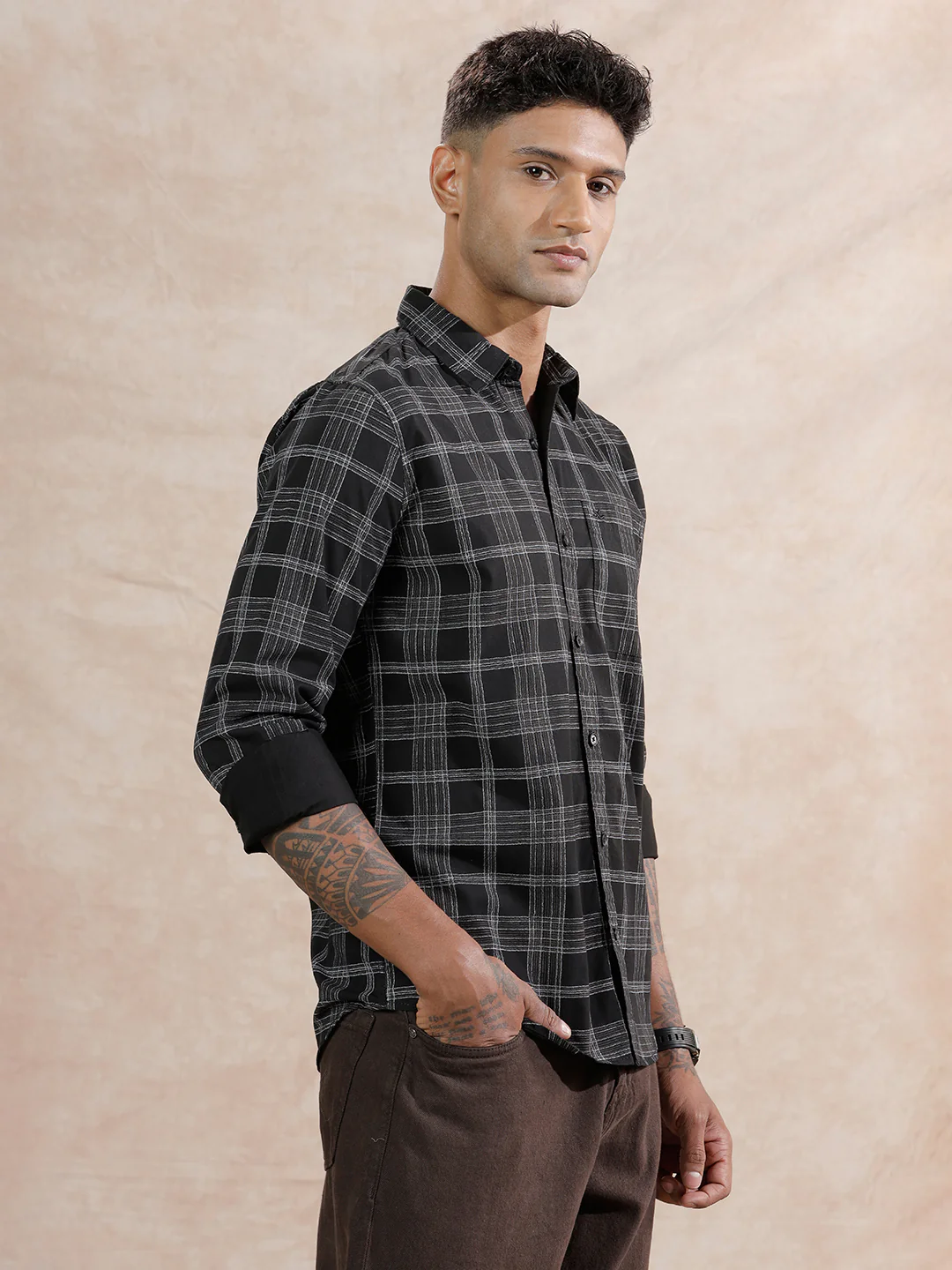 Textured Checks Regular Fit Shirt | Black - Image 4