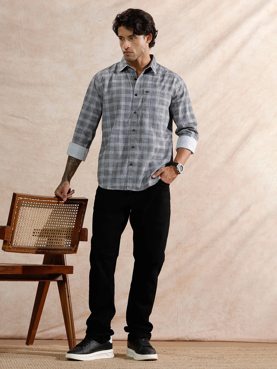 Textured Checks Regular Fit Shirt | Grey - Image 2